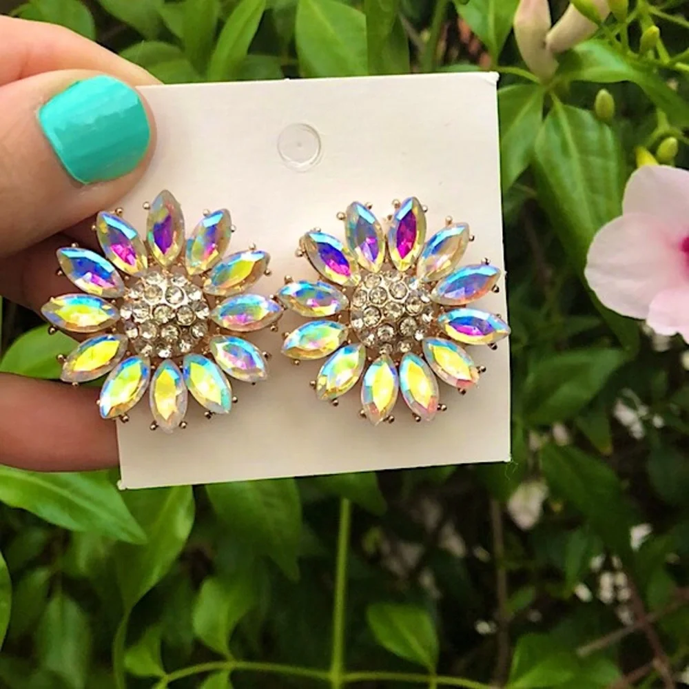 Aurora Borealis Sunflower Crystal Earrings